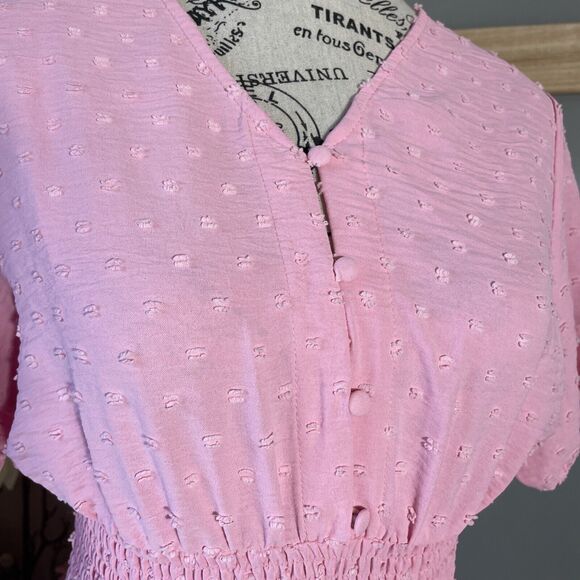 Faded Rose Pink Mini Dress Elastic Waist Short Sleeves Women Small Cottagecore - Picture 3 of 7